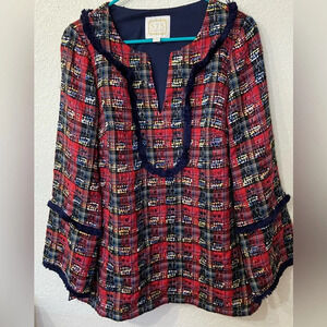 STS Sail to Sable Women's Tweed Red Tartan Plaid Blue chenille Fringe Tunic Sz S